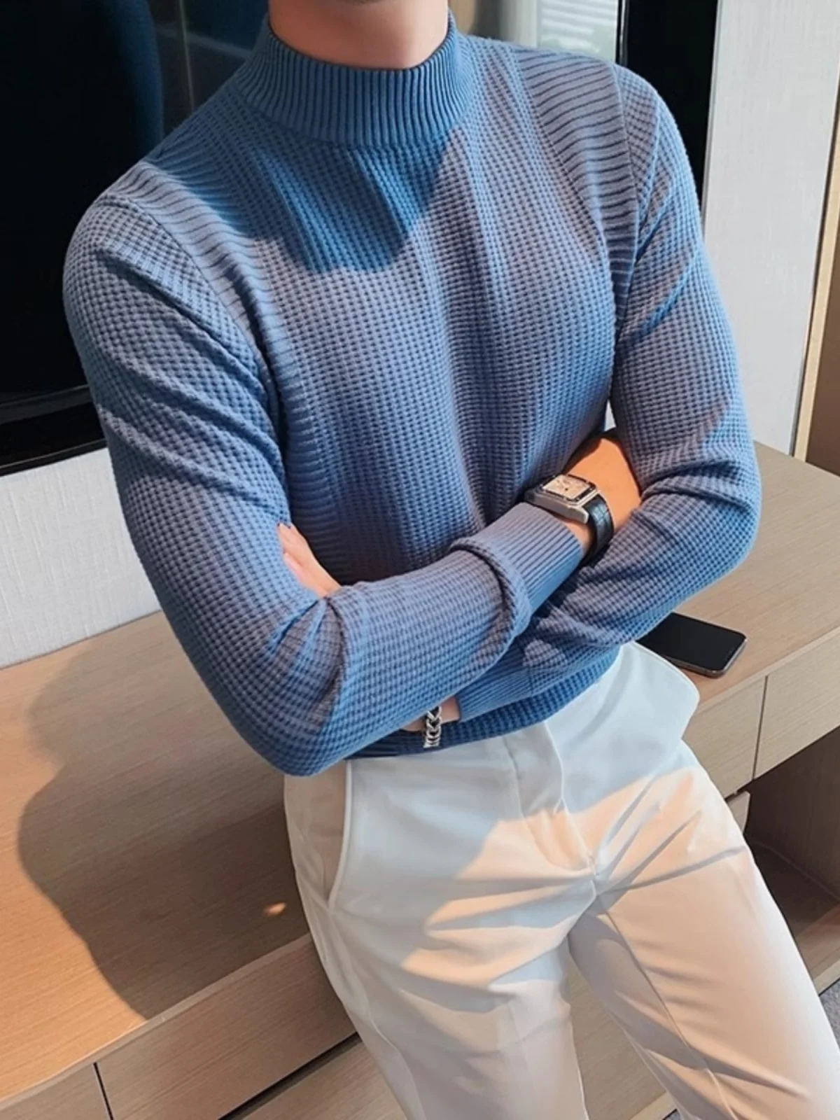 

Мужской вязаный свитер 2024 года, приталенный, осенне-зимний, повседневный, с высоким воротником, базовый трикотаж...