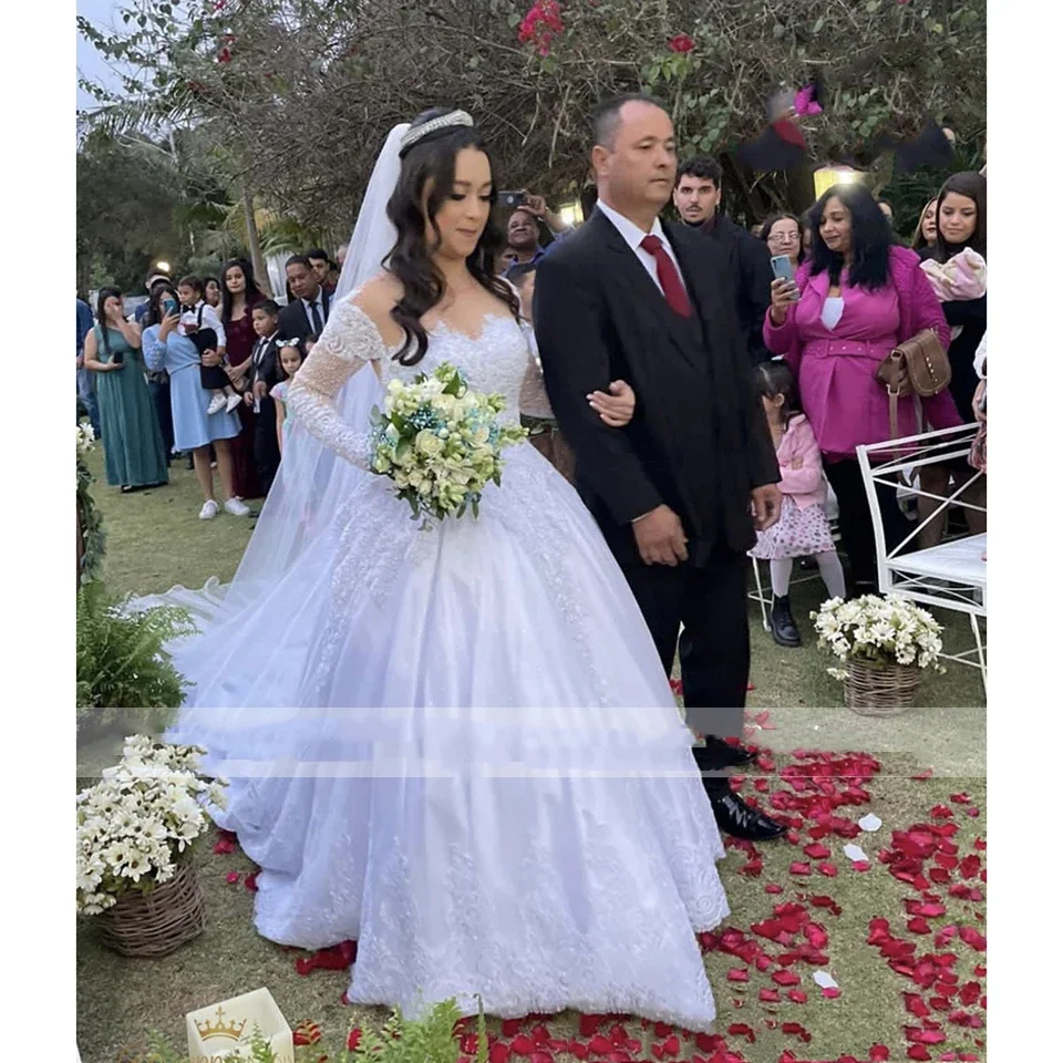 

Белое свадебное платье с круглым вырезом и блестками, аппликациями и длинными рукавами, бальное платье длиной до пола, свадебное платье принцессы со шлейфом по индивидуальному заказу