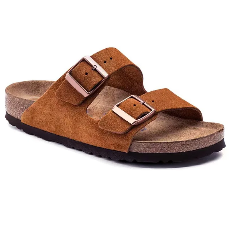 

Men Sandals Summer Men's Shoes Casual Retro Double Buckle Genuine Leather Flat Heel Slippers Outside