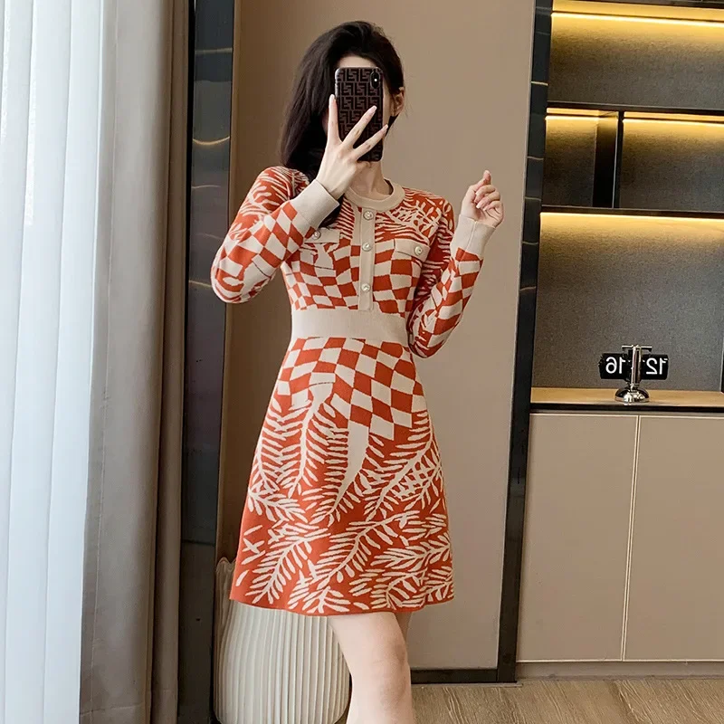 

2024Print Women Long Sleeve Midi Dress Hollow Out Bodycon Sexy Streetwear Autumn And Winter Club Elegant Slim Dresses R65