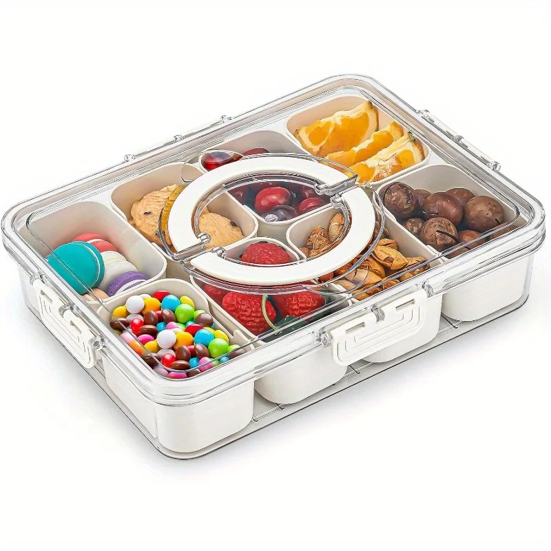 8 Compartments Clear Snack Platter Organizer for Fruits, Travel & Picnics，Divided Serving Tray with Lid and Handle - Portable