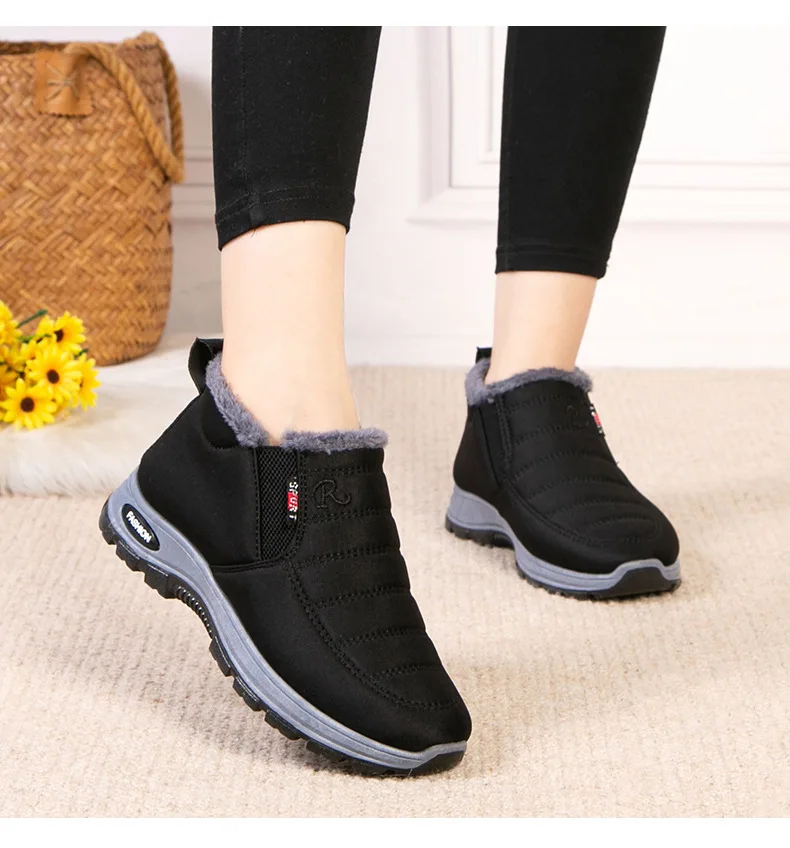 Damen Winter Fleece-gefütterte Slip-On Schneestiefel Wasserdichter Stoff Rutschfeste Robuste Sohle Warme Knöchelhohe Outdoor-Wanderstiefel – Detail 14