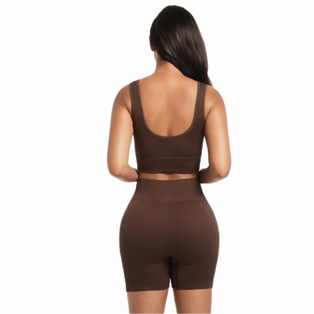 2pcs High Waist Design Ribbed Crop Tank Pull-On Style Stretchy Material High Waist Yoga Shorts Yoga Exercise Outfits