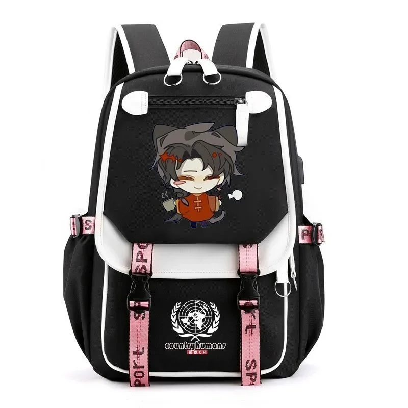 Breathable mesh,USB port,jack 3.5mm,CountryHumans Country Humans Countryball Polandball School Bags, Anime Backpacks Girls Boys