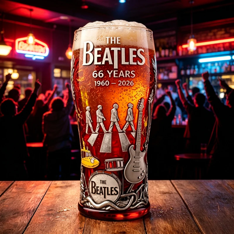The Beatles Beatles 66th Anniversary Embossed Glass, Red Vintage Collectible Beer Mug
