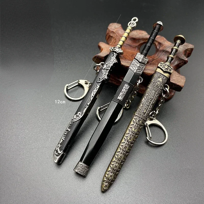 Holy Sword Key Chains for Men Ancient with Scabbard Decorative Pattern Uncut Blade Weapon Model Collect Chin-Han Knife Pendant