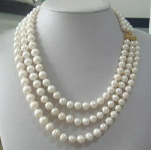 Triple Strands 9-8mm Real Australian South Sea White Pearl Necklace 18-22