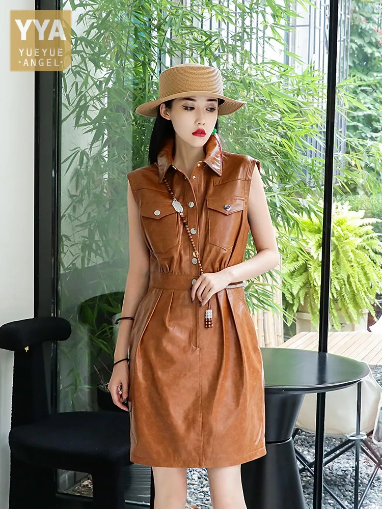 Sleeveless Real Sheepskin Sundress Women Slim Fit Waist Lapel Collar Single Breasted A Line Autumn Genuine Leather Tank Dress