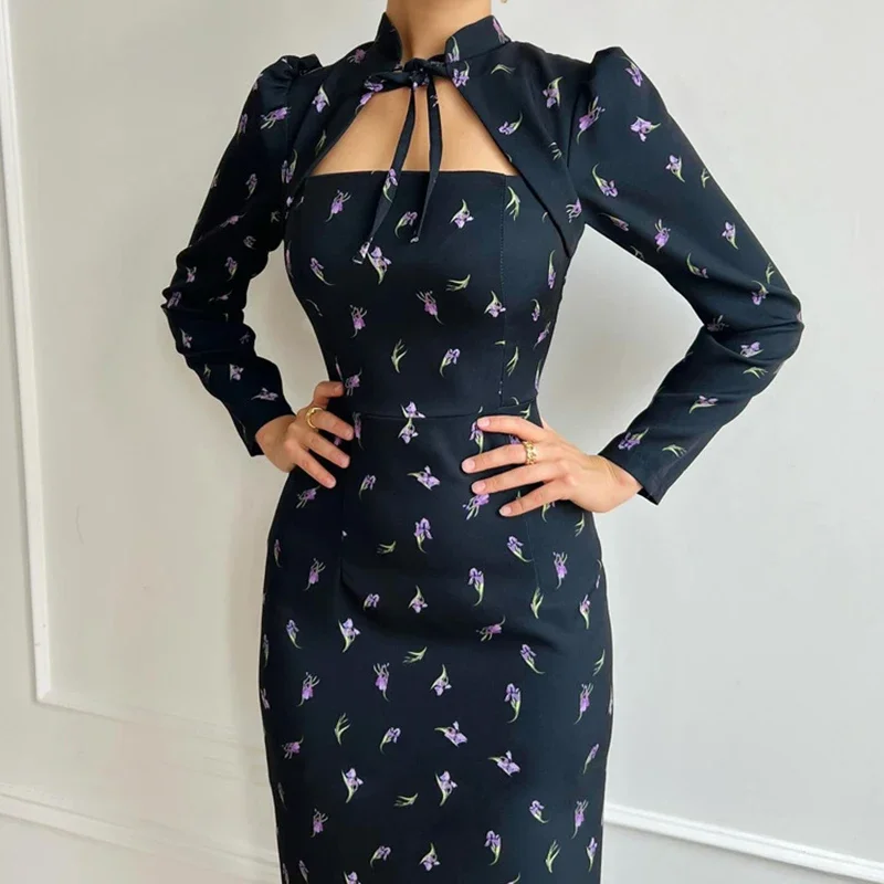 Fmxires Elegantes Print Langarmkleid für Frauen Stehkragen Schnürung Hohe Taille Schlitz Pendeln Maxikleid Lady Splice Cut Out