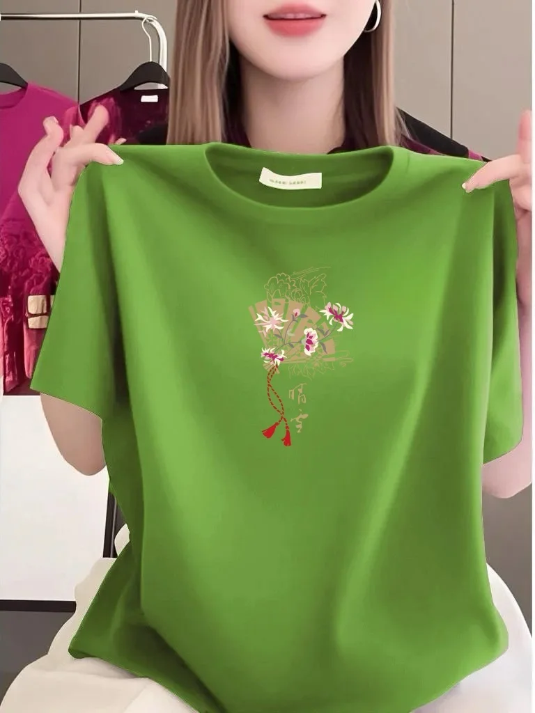 

Breathable Regular Sleeve Fan Print T-Shirt for Middle-Aged And Elderly Women Straight Hem Loose Fit Polyester Cotton
