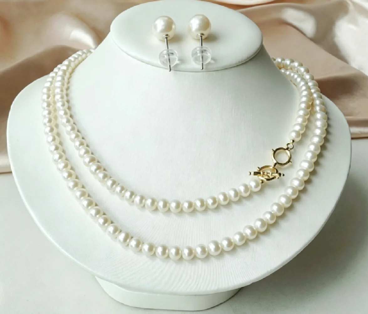 

Fresh and Elegant/Necklace AAAA6-7mm Natural White Pearl Necklace 36 in+Earstuds 925s