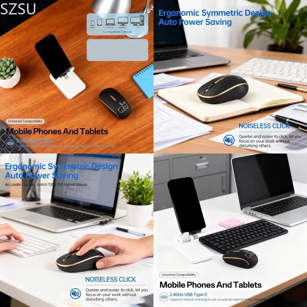 SZSU Type C USB 2.4ghz Wireless Mouse Bluetooth-compatible Game Mouse Quiet Game Mouse Office Laptop Accessories