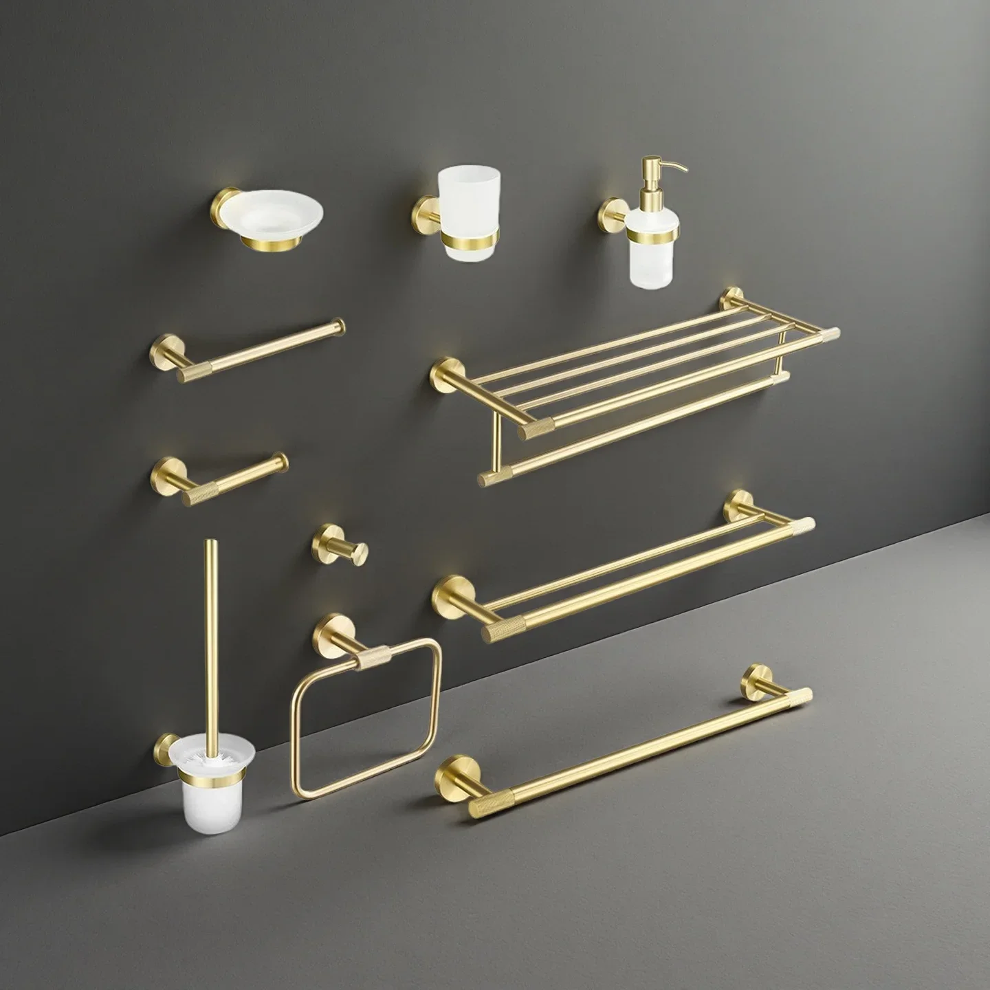 

Brushed gold brass knurled towel rack towel bar paper towel holder clothes hook soap dispenser bathroom pendant set