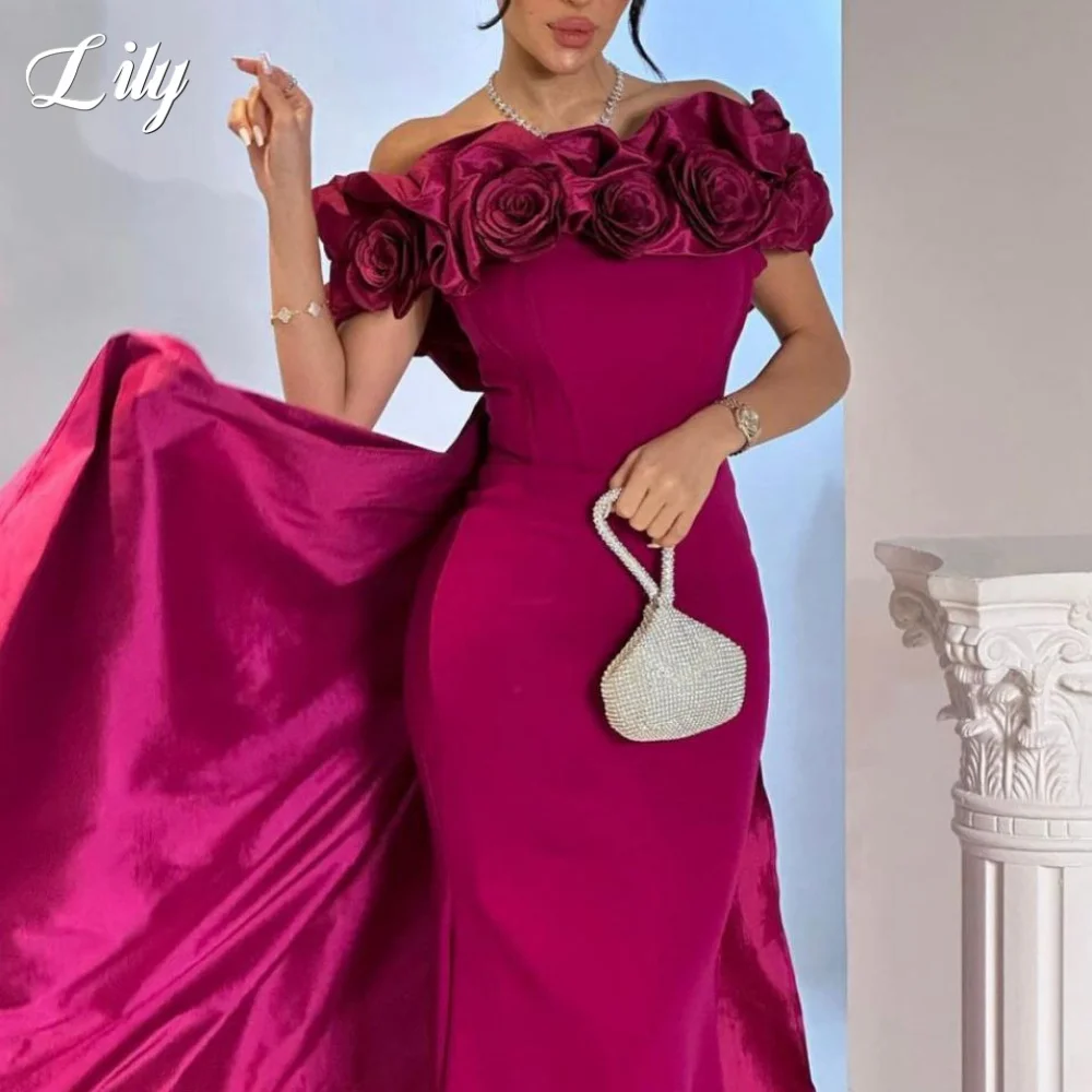

Вечернее платье цвета фуксии с цветами и открытыми плечами, платье для выпускного вечера со складками, свадебное платье, корсет сзади, халаты для вечера, по индивидуальному заказу