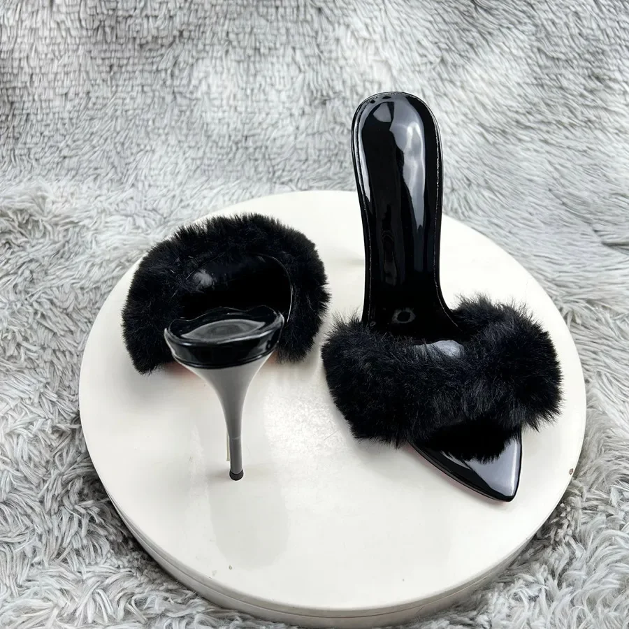 New Pointed Black fur Sole High Heel Shoes for Women with a Distinctive Style Wearing Ultra High Heel Half Slippers Externally