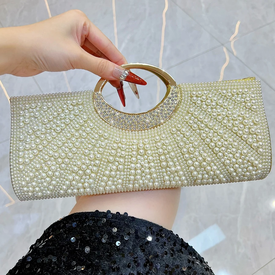 Pearl Evening Bag Gold Clutch Purse Women Luxury Wedding Party Handbag Chain Shoulder Crossbody Bags Small Square Bag
