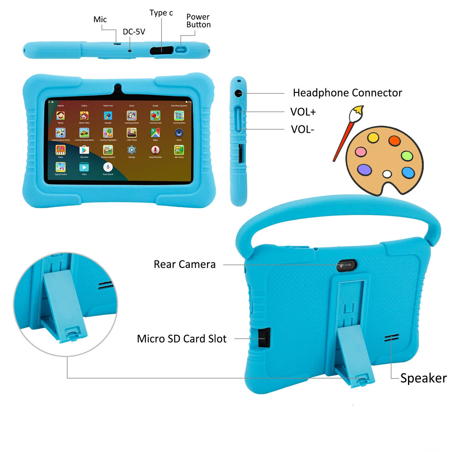 Tablette Android 12 pour enfants, 7 pouces, Wifi, 2 + 32 go, jouets éducatifs d'apprentissage, double caméra, cadeaux pour garçons et filles