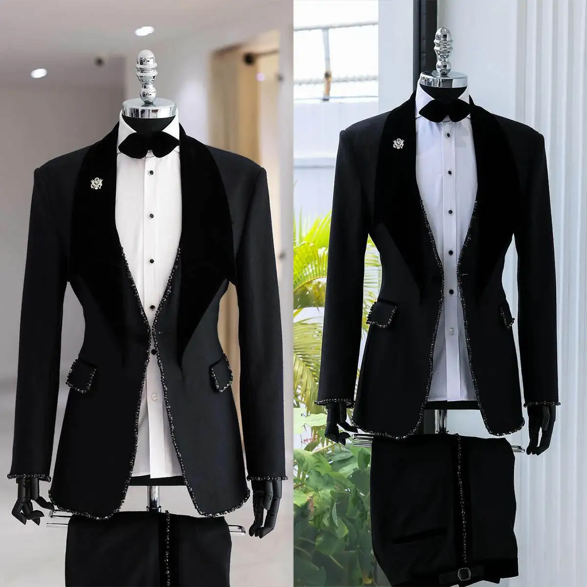 Modern Men\'s Suits Tailored Beads 2-Piece Blazer Black Pants Design Lapel Button Customized Plus Size Tuxedo Trajes Para Hombre