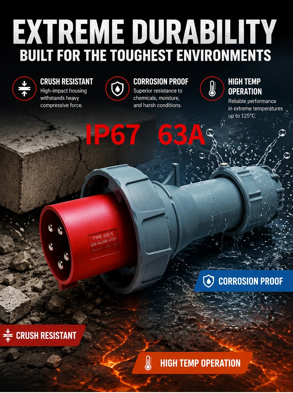 63A IP67 Waterproof Industrial Power Connector – 3P/4P/5P 415V CEE Plug & Receptacle, Heavy Duty Copper Contacts for Factory T&I Online Store