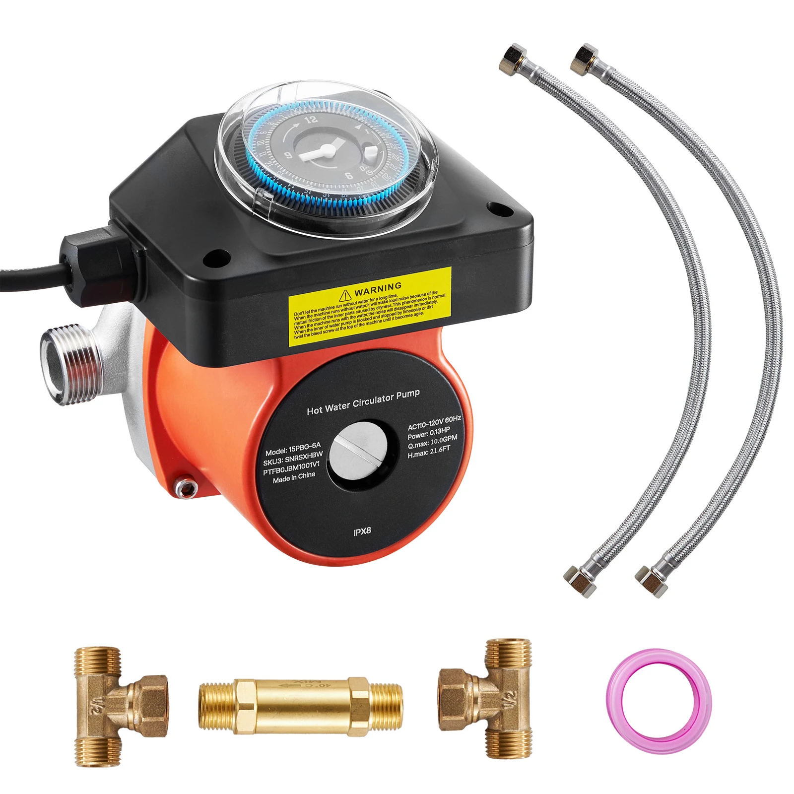Hot Water Recirculating Pump, 0.13 HP 110-120V, Instant Recirculation Pump Kit with Timer, Adapter, Circulation Circulator System, Stainless Steel Head, Featuring Bypass Valve
