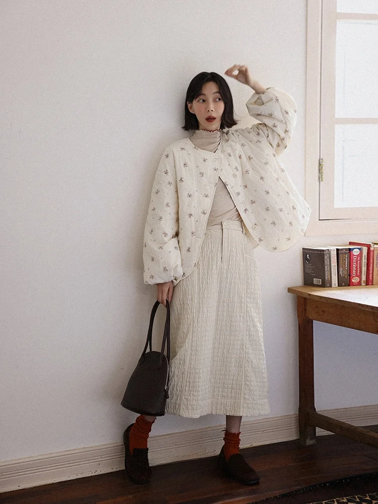 

Двусторонняя хлопковая куртка с принтом розы для женщин, осень-зима, ретро, художественная мода, длинный свек прямого кроя