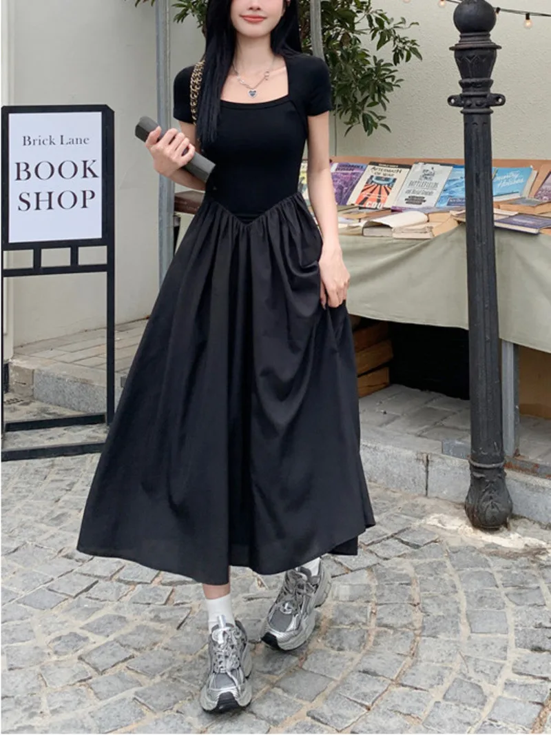 

2024 High end Hepburn Style Elegance Leisure Fashion Women's Square Neck Dress Summer Belly Covering Slim Black Long Dress NGVE