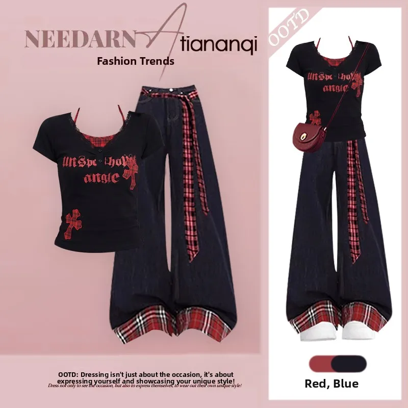 

Summer 2026 Women's Sweet Cool Slim Fit Short Sleeve Top And High Waist Straight Leg Jeans Two Piece Set Hanging Neck Design