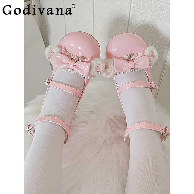 

Japanese Sweet Girl Original Lolita Low Heel Single Shoes Round Toe Chunky Heel Cute Bowknot JK Versatile Small Leather Shoes