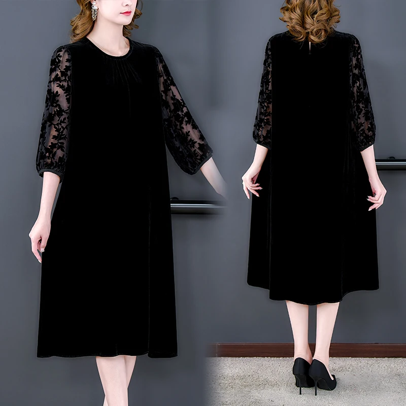 새로운 패션 여성 벨벳 실크 할로우 번트 플라워 드레스 여성 캐주얼 스타일 여름 오-넥 드레스 파티 Vestidos JJ1