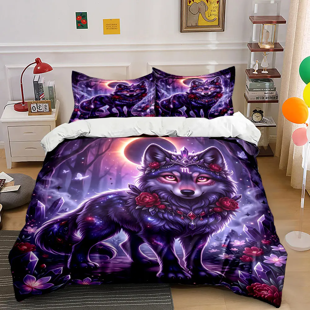 Mysterious Forest Night Animal Starry Print Bedding Set 1 Duvet Cover 2 Pillowcases for Adult and Children Luxury Gift