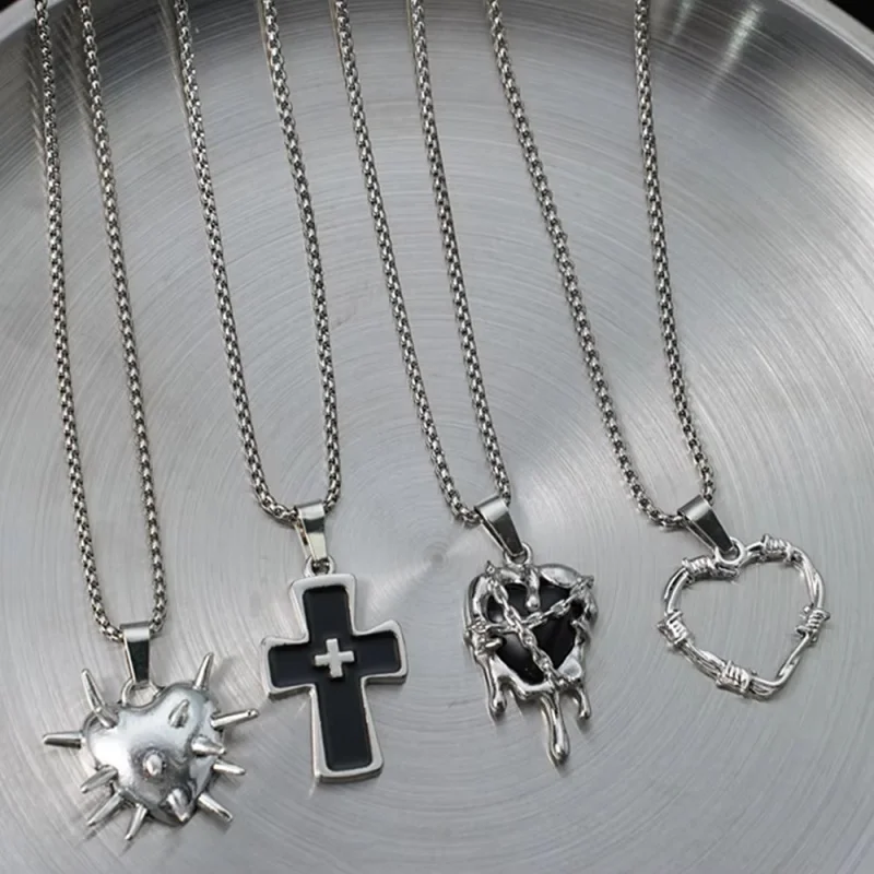 4pcs Gothic necklace set pointed heart-shaped black imitation enamel cross drip shaped heart-shaped stacked necklace jewelry