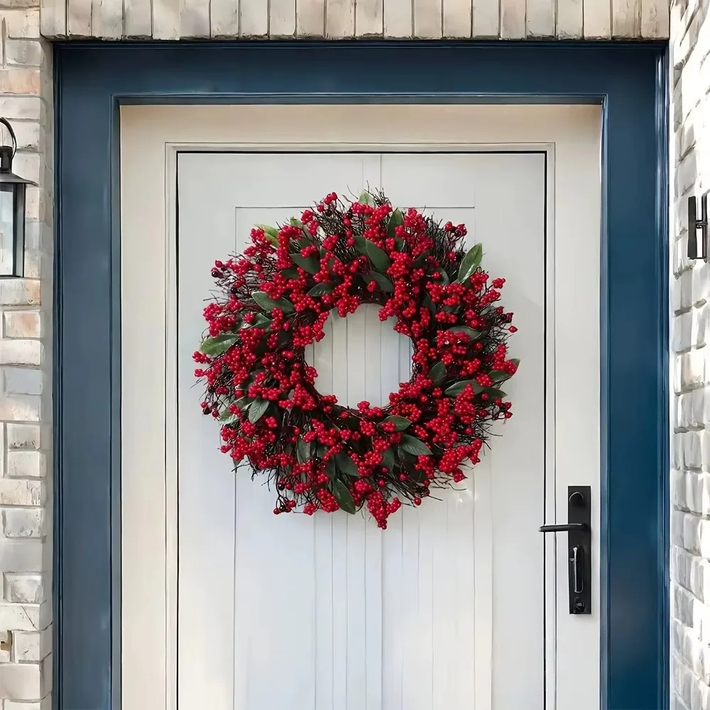 American-style Artificial Berry Holly Christmas Wreath Simulated 45 CM Hanging Wreath Decoration DIY Green Leaf Red Fruit Wreath
