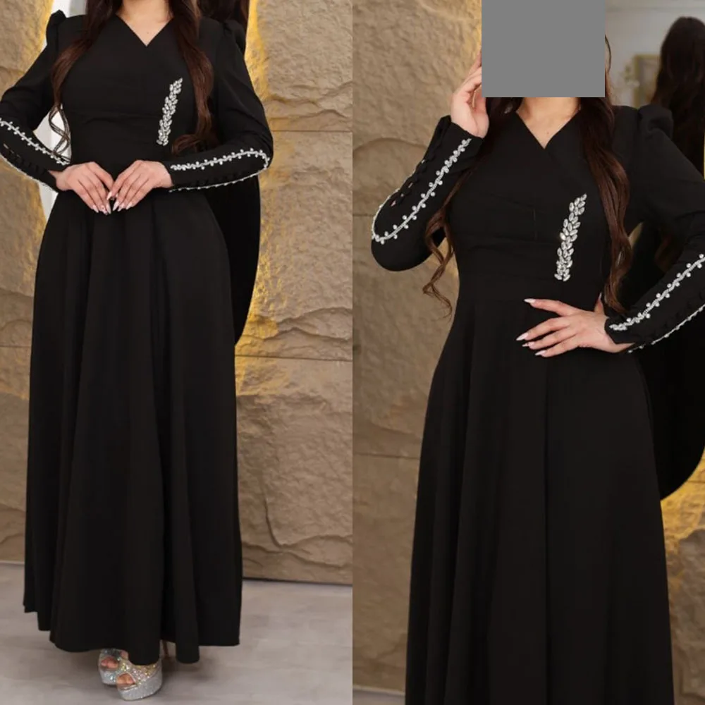 

Customized A-Line Evening Dresses Ankle-Length V-neck Full Sleeve Prom Gown Fashion Crystal Simple Draped Casual Party Gown