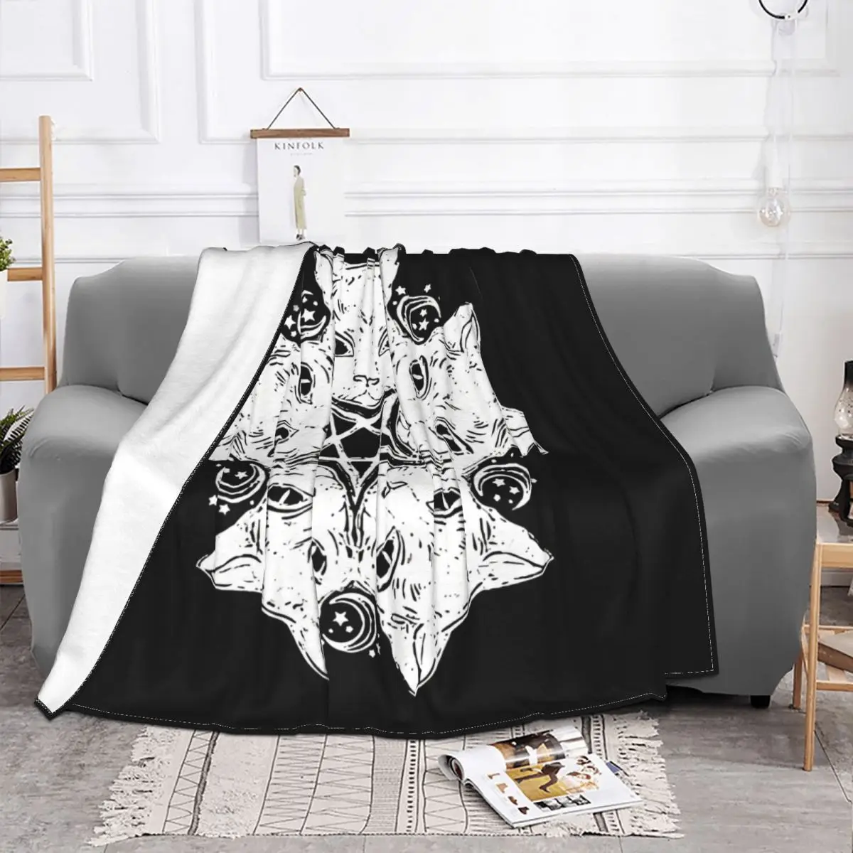 Cat Pentagram Blanket Gothic Fleece All Season Breathable Lightweight Throw Blankets For Sofa Rug Piece