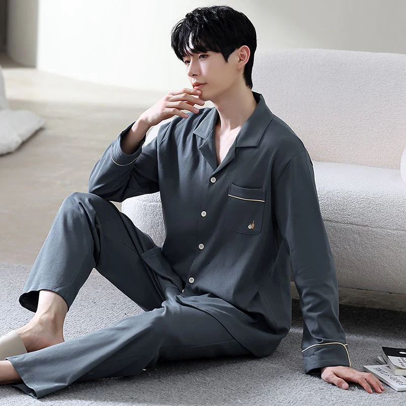 2025 Spring Long Sleeve 100% Cotton Pajama Sets for Men Korean Loose High Quality Sleepwear Pyjamas Male Homewear Home Clothes%