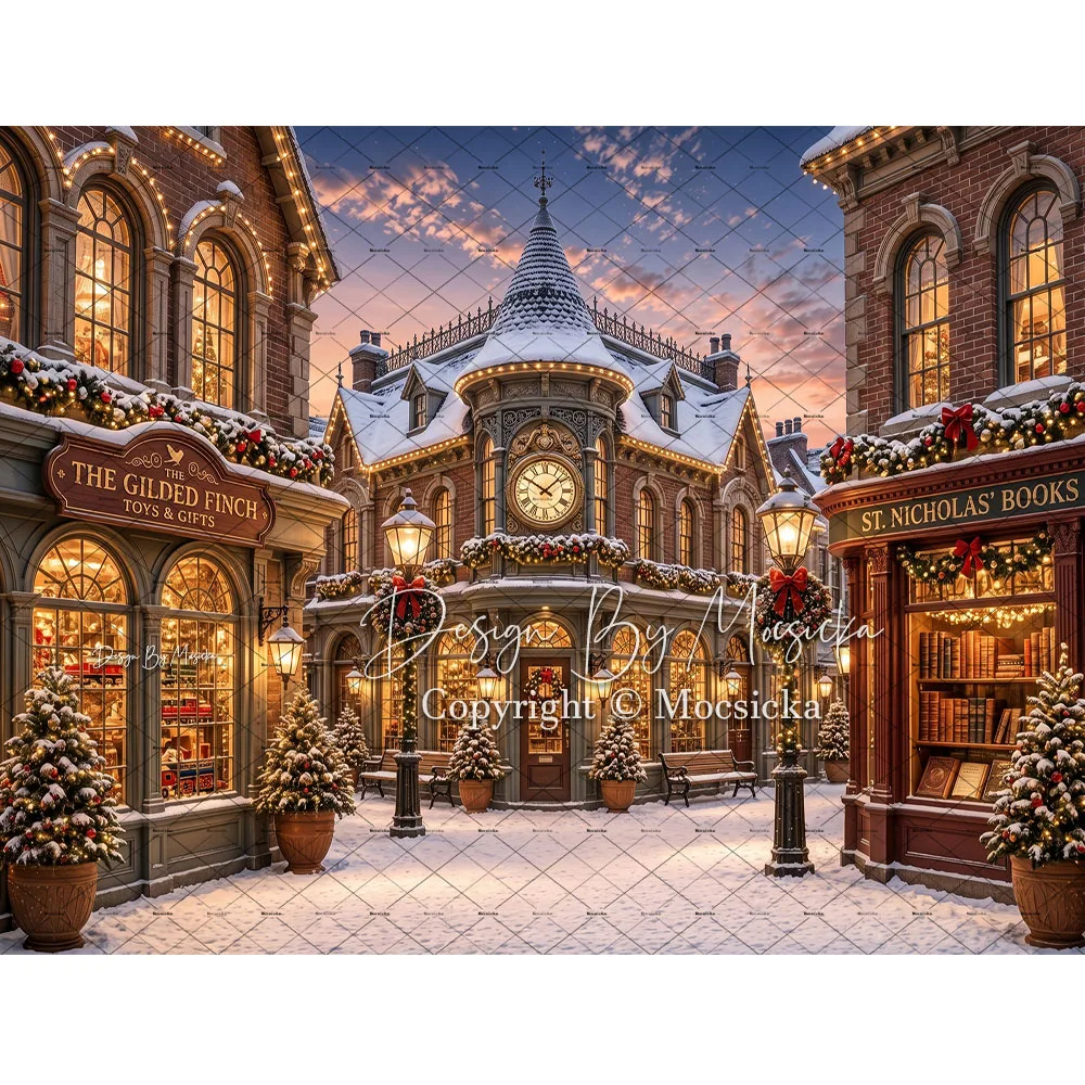 Mocsicka Christmas Night Town Backdrop Photography Snowy Xmas Gifts Shop  Corner Background Family Winter Xmas Outdoor Photo