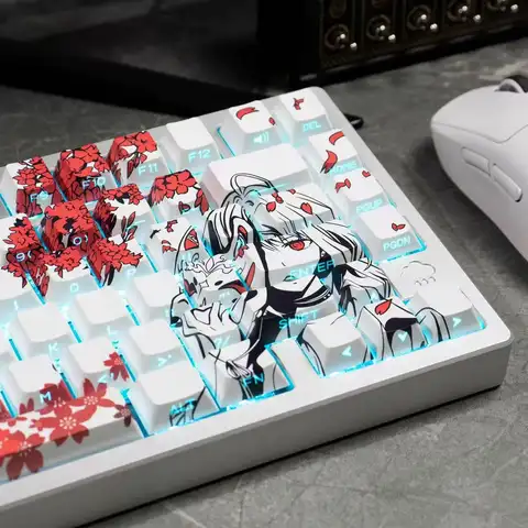 129 Raven Sakura Keycap 체리 프로필 귀여운 애니메이션 Keycap MX 기계식 키보드 용 PBT 키캡을 통한 이중 샷 측면 조명 샤인