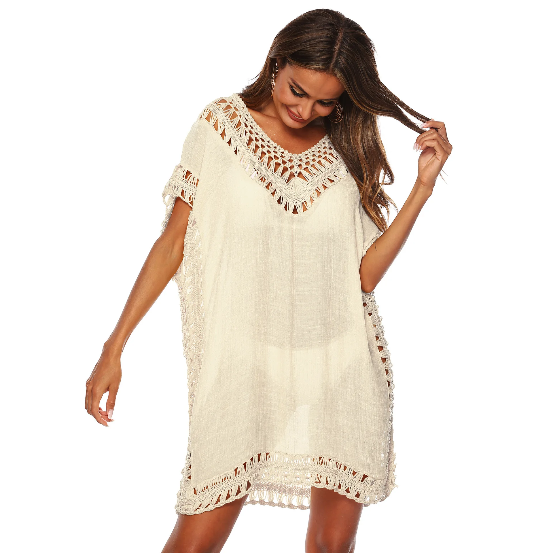 Vestido tipo pareo de playa de talla grande para mujer: túnica de ganchillo blanco y negro, pareo de bikini, pareo de traje de baño de verano