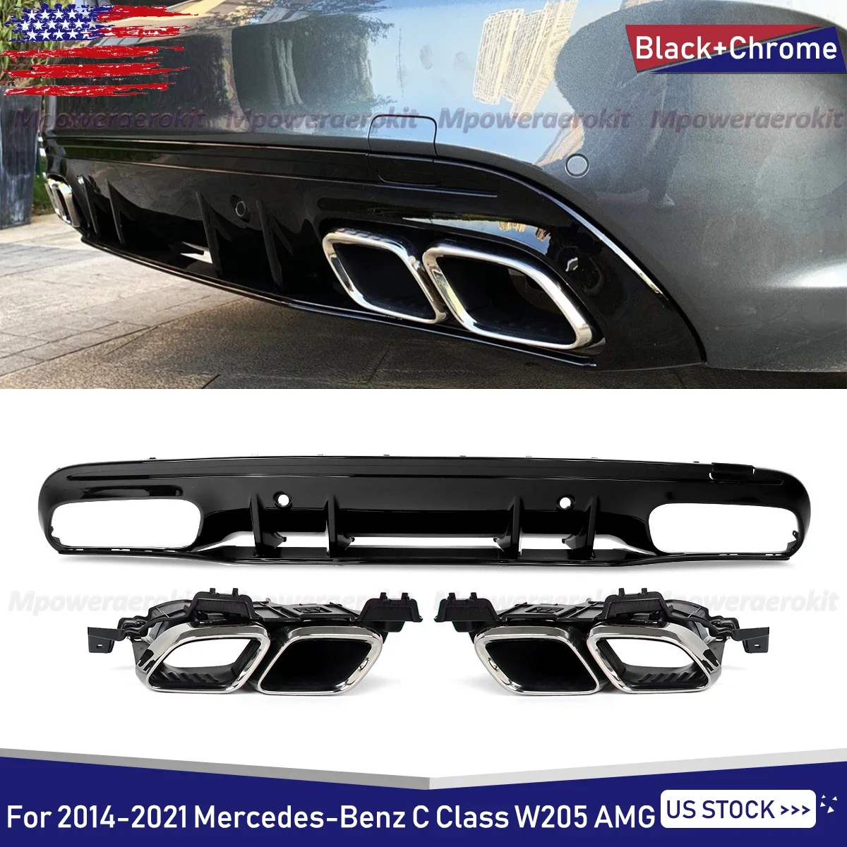 Heckdiffusor mit Auspuffspitzen für Mercedes-Benz C-Klasse W205 Limousine AMG-Line 2014–2021, Diffusorlippe, Heckstoßstangenschutz, Bodykits