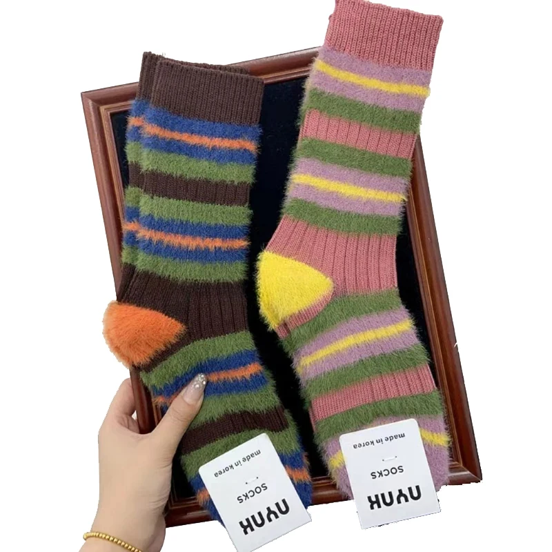 

2pairs Colorful Mink Fleece Soft Socks for Women Winter Warm Thicken Coral Plush Socks Thermal Snow Home Sleep Floor Kawaii Sock