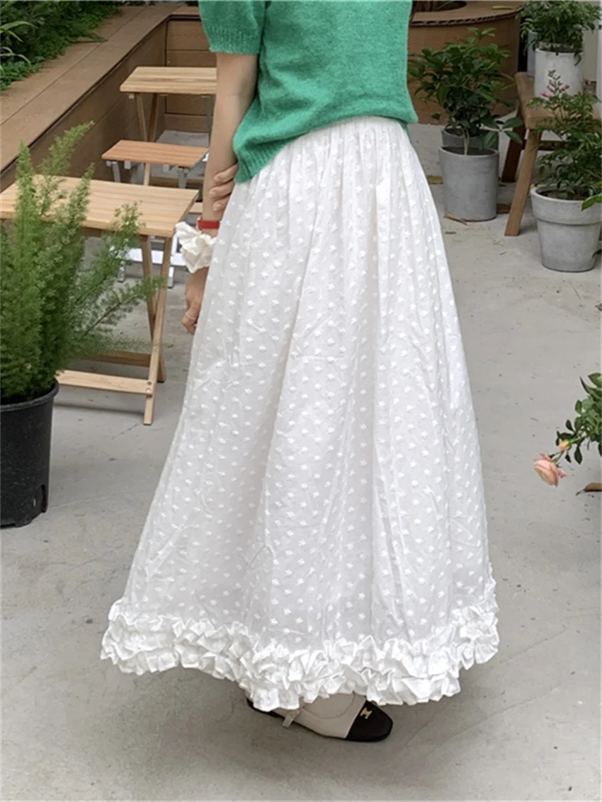 

Alien Kitty White Vintage Long Skirts Sweet Spring Women Fashion 2024 High Waist Slim Florals Ruffles Casual Chic Loose New