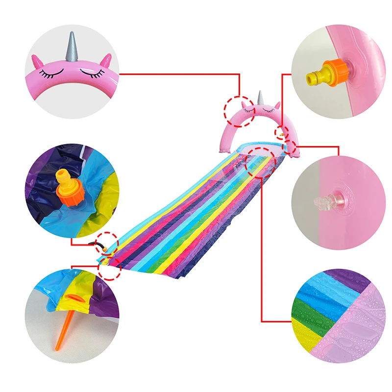 Tobogán de agua de unicornio para césped de 12 pies, arco iris con pulverización y almohadilla de choque inflable para niños, juegos de piscina, juguetes de agua rociadores