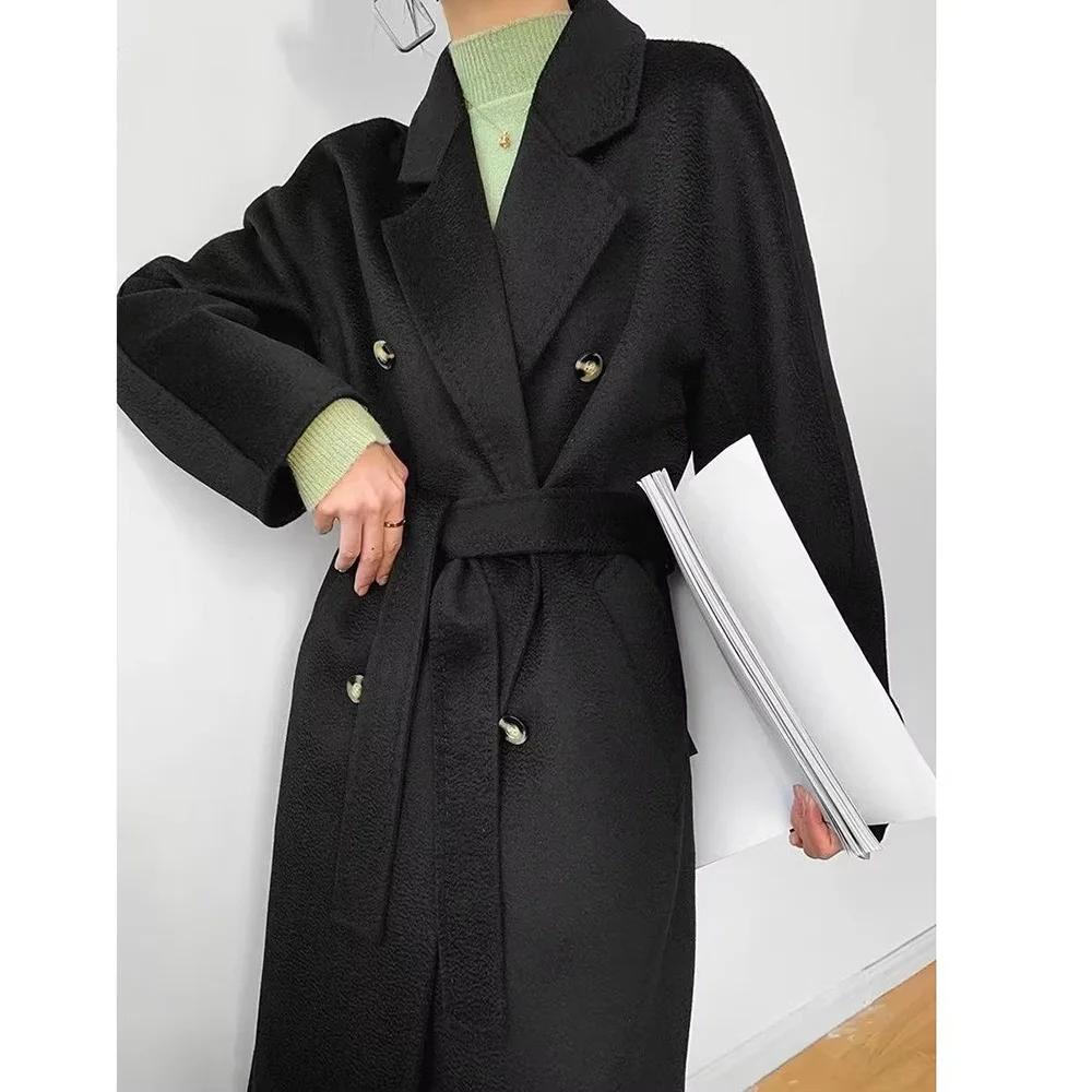 2024 New Fashion Beautiful Cashmere And Wool Coat Water Ripples Double Breasted Women Woolen Overcoat Elegant Solid Color Belt