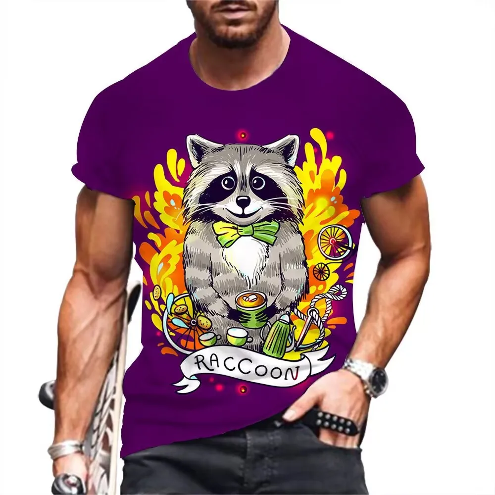 Hip Hop Animal Raccoon Print Men\'s Short Sleeve T-Shirt Fashion Creative Cool High Quality Children\'s Casual O-Neck Top Clothing