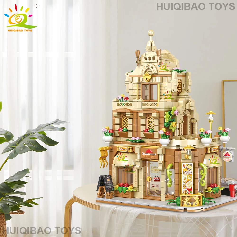HUIQIBAO City Street View café Burger Shop hôtel modèle blocs de construction bricolage Architecture commerciale rue briques jouets adulte