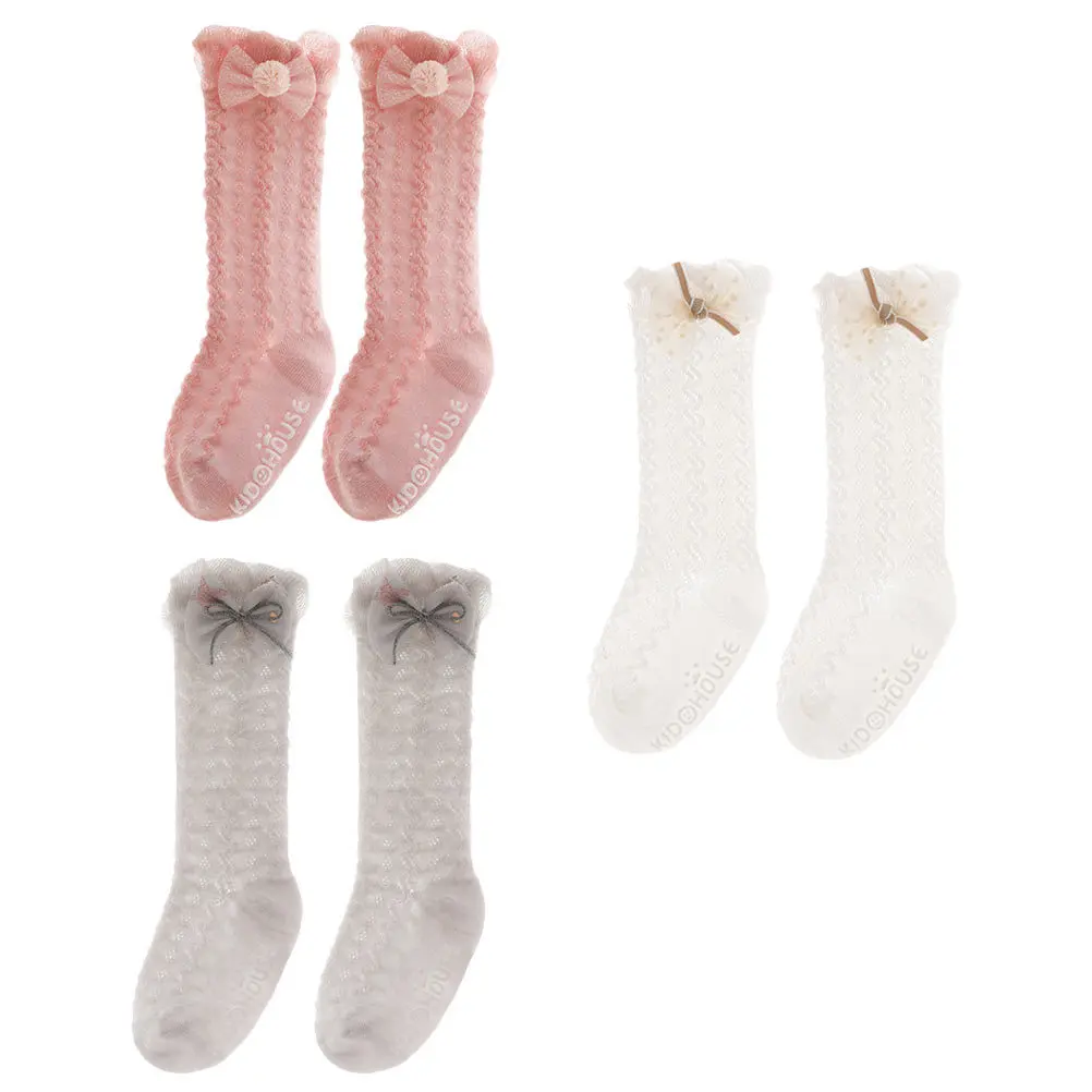 

3Pairs Baby Socks Spring Summer Thin Mesh Long Tube Socks Breathable Combed Cotton Comfortable Stretchy Lightweight Bowknot