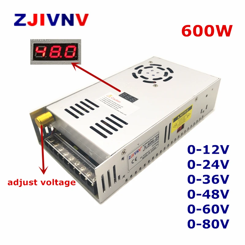 600W adjustable output voltage  0-12V 24V 36V 48V 50V 60V 80V Switching Power Supply Digital display AC  to DC power supply