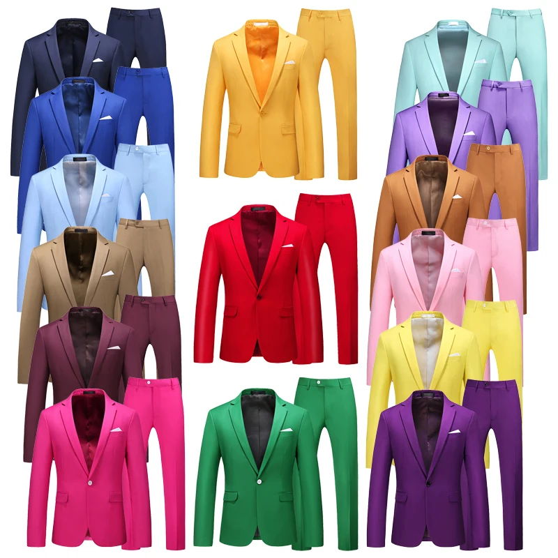 

2025 Новый однотонный свадебный костюм на одной пуговице для мужчин, многоцветный минималистичный облегающий повседневный мужской пиджак + брюки, 2 предмета