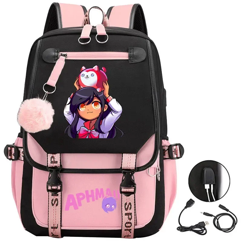 Mochila de Anime Aphmau con estampado 3D de dibujos animados Oxford impermeable bola completa USB mochila niños niñas estudiantes mochila de gran capacidad * 8 * Q