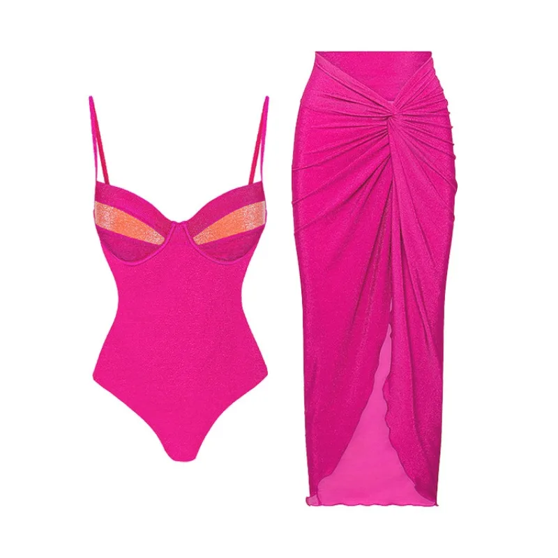 One Piece Swimsuit For Women Swimwear Spot Fluorescent Color Sexy One-piece Swimsuit Wrap Skirt Set Women's European And America